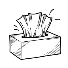 Tissue box symbolizing cold relief, hygiene, and seasonal illness care. Line art vector illustration, isolated on a transparent background