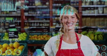 Produce clerk reacting to camera pan and finance charts, forming OK gesture and showing percentages - Powered by Adobe