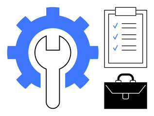 Gear and wrench symbolize tools and maintenance, checklist stands for tasks and organization, briefcase conveys business and professionalism. Ideal for business, project planning, workflow