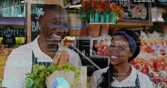 Man holding bag smiling at woman, starting zoom as data overlaying grocery aisle, showing sales