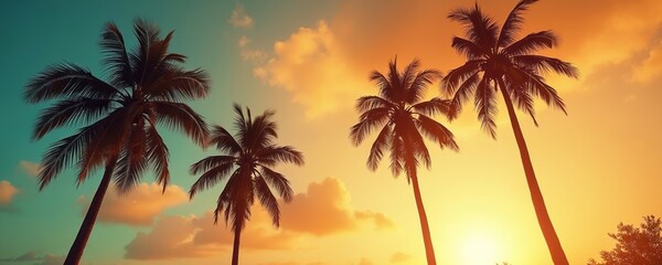 Several tall palm trees stand in silhouette against a vibrant sky painted with sunset hues of orange, yellow, and teal. Wispy clouds drift across the horizon, enhancing the serene tropical atmosphere.