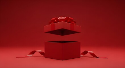 A red gift box with its lid floating above revealing a dark interior against a solid red background