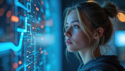Young girl interacts with futuristic digital interface. She gazes at glowing blue data streams and complex circuits, contemplating advanced technology and virtual reality concepts.