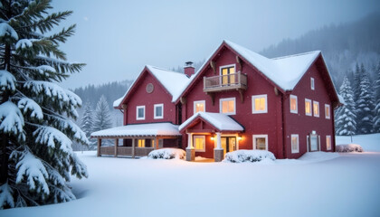 Winter wonderland with snow-covered house in forested mountain setting for seasonal holiday visuals