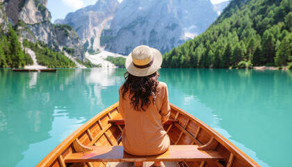 A woman in a straw hat sits in a wooden rowboat on the emerald waters of Lago di Braies. She gazes at the towering, pale Dolomite peaks and forests.