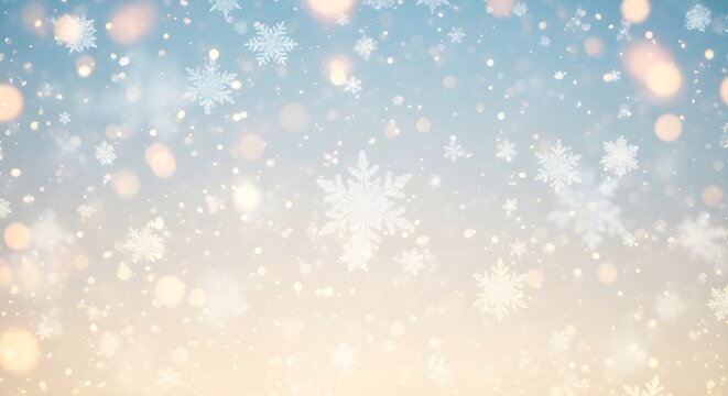 Soft focus winter wonderland with falling snowflakes and warm glowing bokeh lights creating a magical festive atmosphere