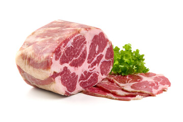 Capocollo Ham with Slices and Lettuce, isolated on white background