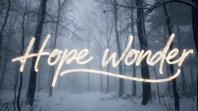 Glowing "Hope Wonder" text in a magical snowy forest. - Powered by Adobe