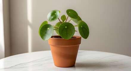 Fototapeta premium Pilea Plant in Terracotta Pot on Marble Table Background with Sunlight Shadows