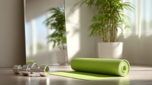 Minimal home gym setup in bright room with morning sunlight streaming for relaxed workout experience