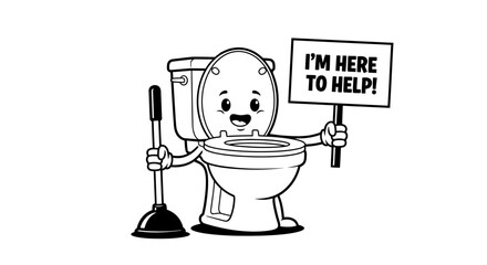 Friendly toilet character with plunger offers help for plumbing needs