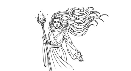 Powerful sorceress commands magic with flowing hair and staff