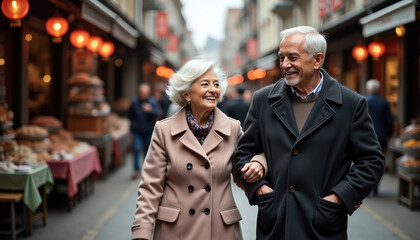 Joyful stroll of senior couple at bustling outdoor market with vibrant lanterns