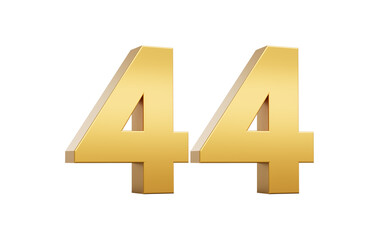 3D Golden number 44 Forty four with a shiny metallic finish and sharp edges, 3d illustration