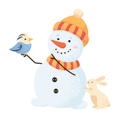 Charming snowman with winter bird and friendly bunny, creating magical holiday moment. Playful characters for children's designs, Christmas cards, stickers and warm seasonal vector illustrations