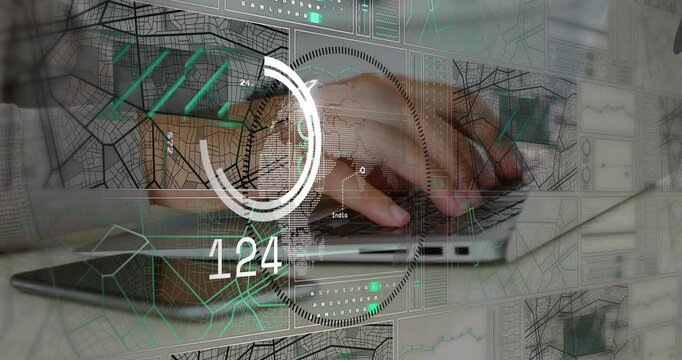 Tech analyst typing laptop, causing HUD over hands and monitoring maps and rising numeric readouts