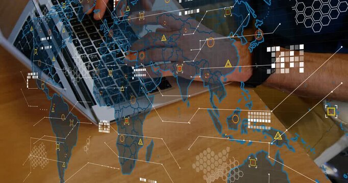 Hands starting typing after world map graphic fading in, updating global data panel on laptop