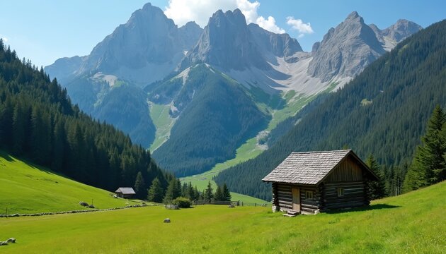 Rustic wooden cabin sits on green grassy hill below jagged mountain peaks. Evergreen forest covers slopes leading up to vast range. Bright sunny day.