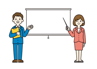 スクリーンと、ポインターを持って説明する女性社員の全身ベクターイラスト素材＿カラー