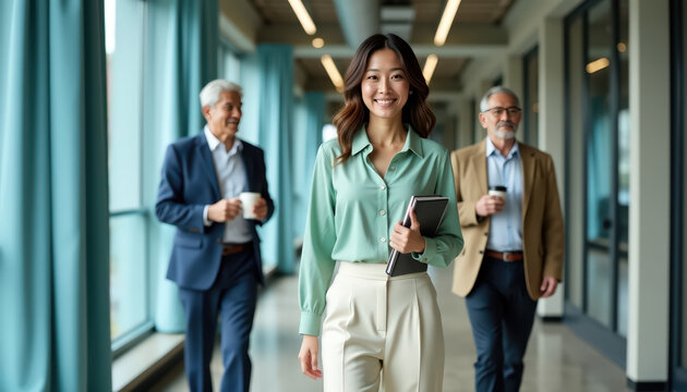 Professional individuals in office corridor with smiling woman holding tablet and colleagues in background