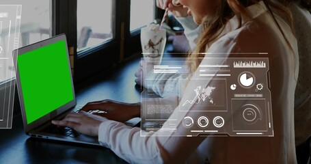 Woman typing laptop at cafe counter, causing AR dashboards overlaying desk for data analysis - Powered by Adobe