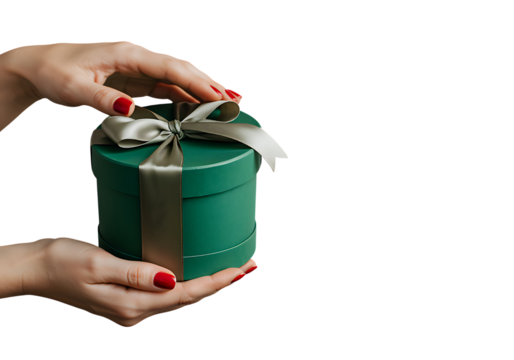 Hands presenting a green gift box with silver ribbon on transparent background.