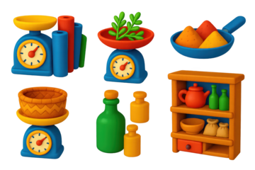 Set of kitchen items including a scale, a bowl, a cup, a bottle, a pan