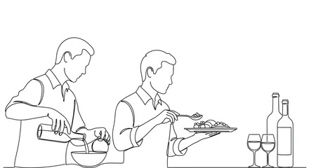 Man prepares delicious meal, serves food with wine and glasses.