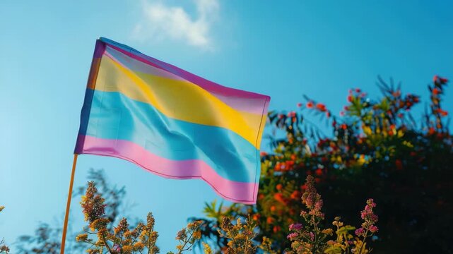 Multicolored flag waves against clear blue sky and nature backdrop