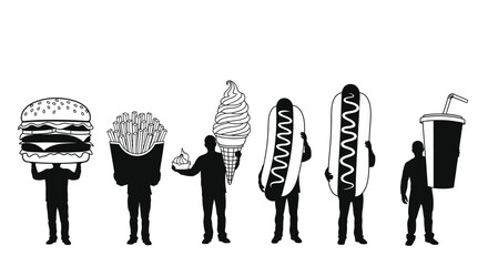 People holding giant fast food items and drinks