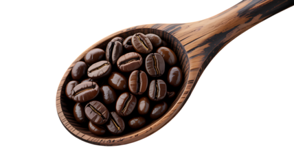 A wooden spoon filled with roasted coffee beans a delightful aromatic image on transparent background.