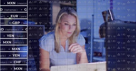 Woman typing on laptop starting finance currency tickers over screen, leaning and monitoring rates