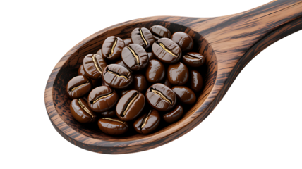 Realistic wooden spoon filled with coffee beans detailed texture ideal for design on transparent background.