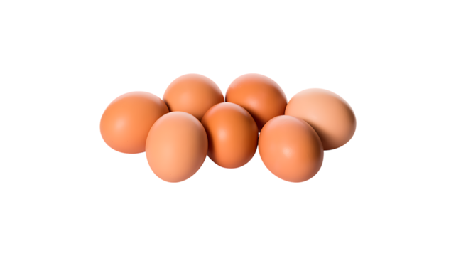 A cluster of six brown eggs arranged closely together on transparent background.