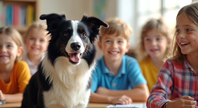 Border Collie dog sits with happy kids in classroom. Children listen attentively, dog smiles. Animals help young students learn and bond. Furry friend teaches empathy and care. Fun school activity.