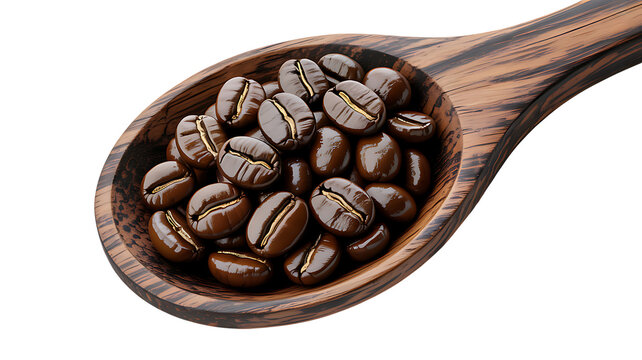 Realistic wooden spoon filled with coffee beans detailed texture ideal for design on transparent background. - Powered by Adobe