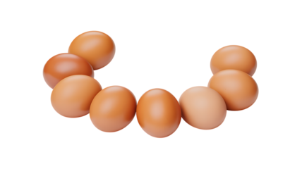 A collection of brown eggs arranged in a curved line on transparent background.