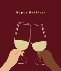 Close up of multiracial's hands holding glasses of champagne cheers to New Year celebration happy holidays card