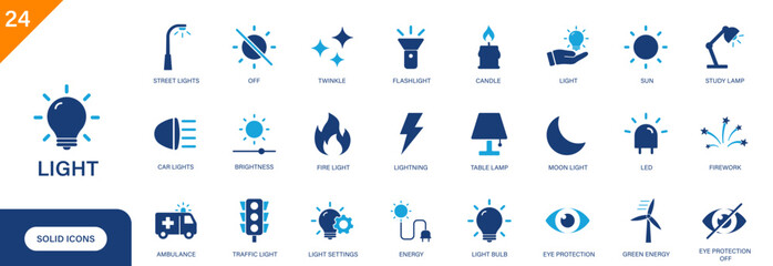 Light icon. Includes light bulb, sun, flashlight, fire, traffic light, table lamp. Solid vector icon set.