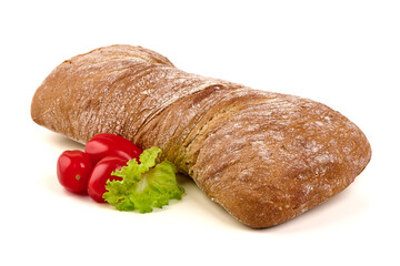 Crusty Bread with Tomatoes and Lettuce, isolated on white background