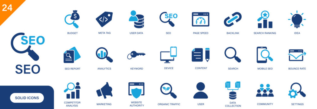 SEO icon. Includes keywords, backlink, marketing, SEO optimization, search. Solid vector icon set.