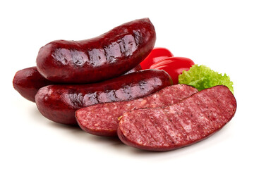 Smoked Sausages with Red Peppers and Lettuce, isolated on white background