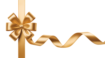 A golden gift ribbon with a bow elegantly designed on transparent background.