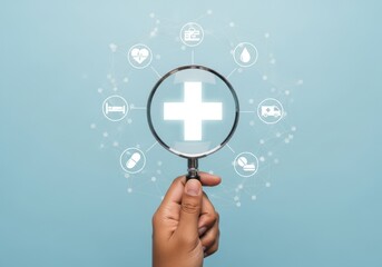 Magnifying glass focuses on medical cross symbol with healthcare icons