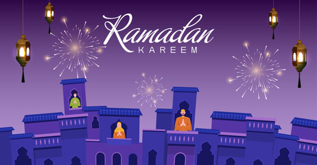 Ramadan Kareem Night Illustration with Fireworks and Lanterns. Eid Mubarak Poster Design Vector Illustration 