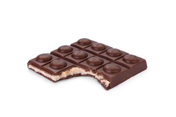 Chocolate bar with caramel, nougat and nuts filling isolated on white background.