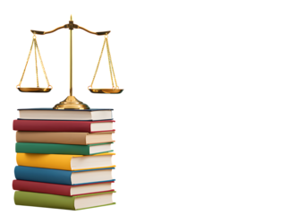 Scales of justice balanced atop a stack of colorful books on transparent background.