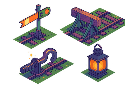 Vintage railway equipment: isometric signal, buffer stop, coupling hook, and glowing lantern