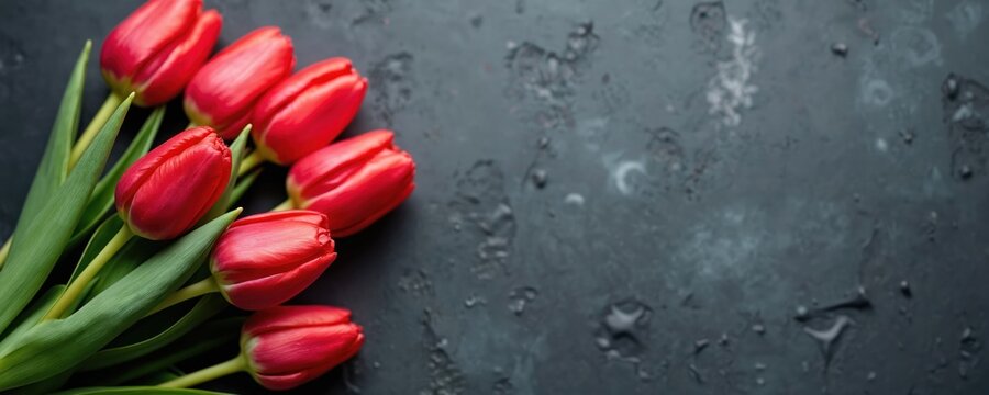 Top view of bouquet of red tulips resting on dark textured stone table. Arrangement has ample copy space on right for text and design elements. This image suits spring holidays and celebrations.