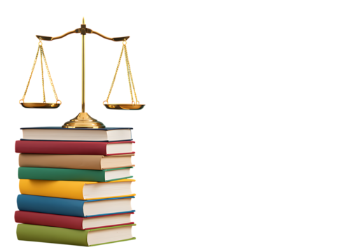 Scales of justice balanced atop a stack of colorful books on transparent background.